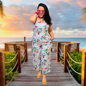 Amanda's Place Floral Sleeveless Jumpsuit Wide Leg Tropical Fruit Romper Dress